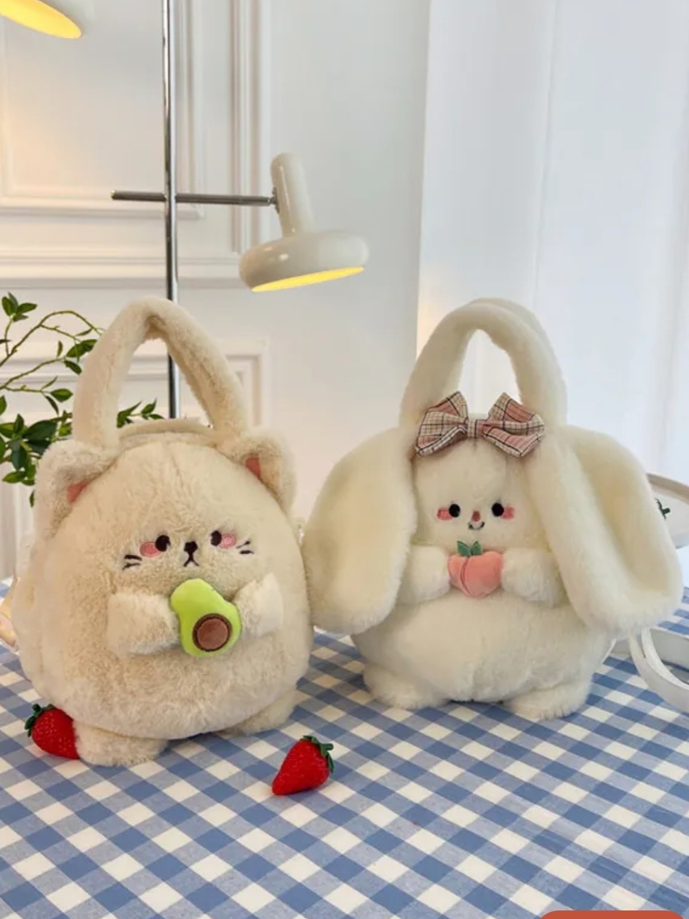 Plush Cream Bunny & Cat Handbags — Cute Fruit Holding Crossbody